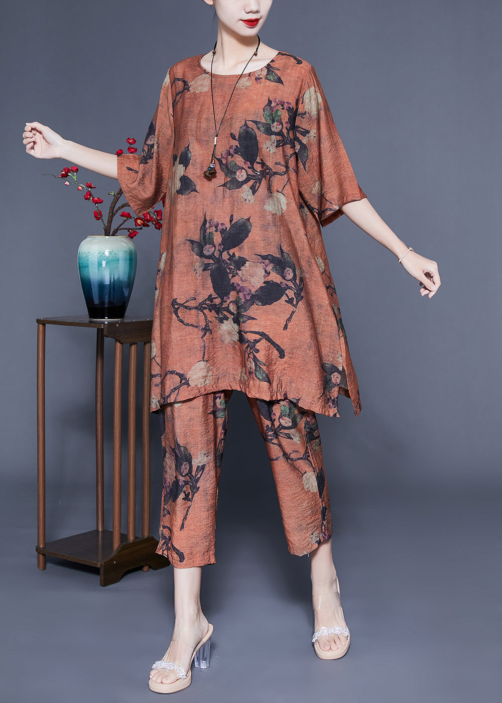 Handmade Coffee Oversized Print Linen Two Pieces Set Summer LY1087 - fabuloryshop