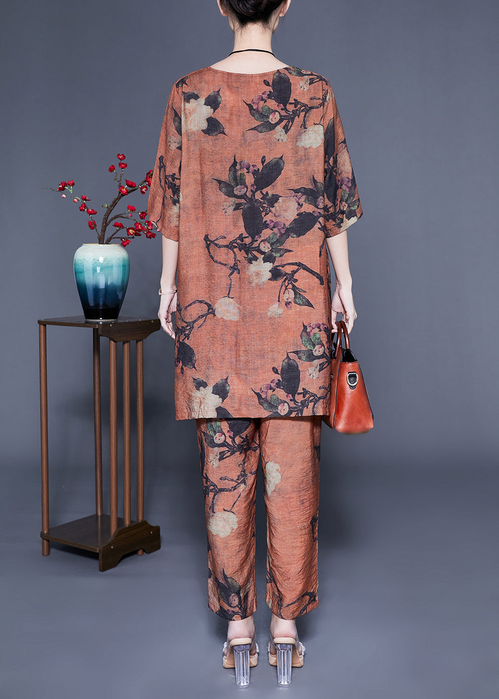 Handmade Coffee Oversized Print Linen Two Pieces Set Summer LY1087 - fabuloryshop
