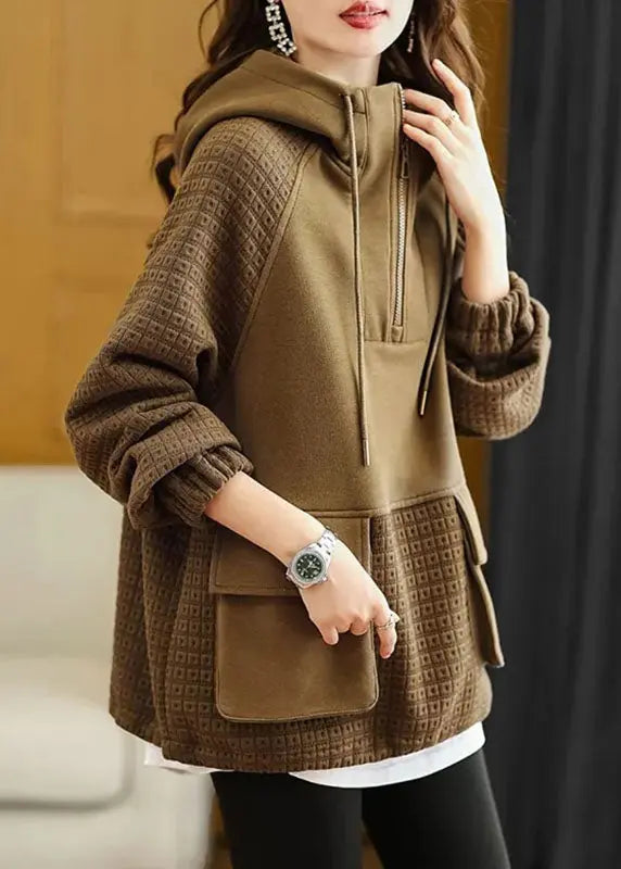 Handmade Coffee Patchwork Drawstring Hoodie Sweatshirts Long Sleeve Ada Fashion