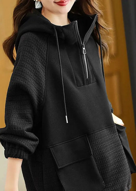 Handmade Coffee Patchwork Drawstring Hoodie Sweatshirts Long Sleeve Ada Fashion