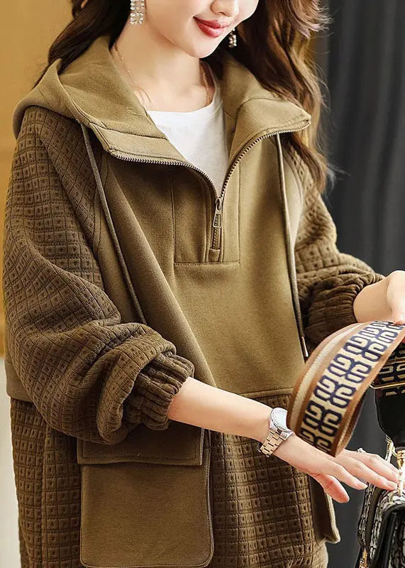 Handmade Coffee Patchwork Drawstring Hoodie Sweatshirts Long Sleeve Ada Fashion