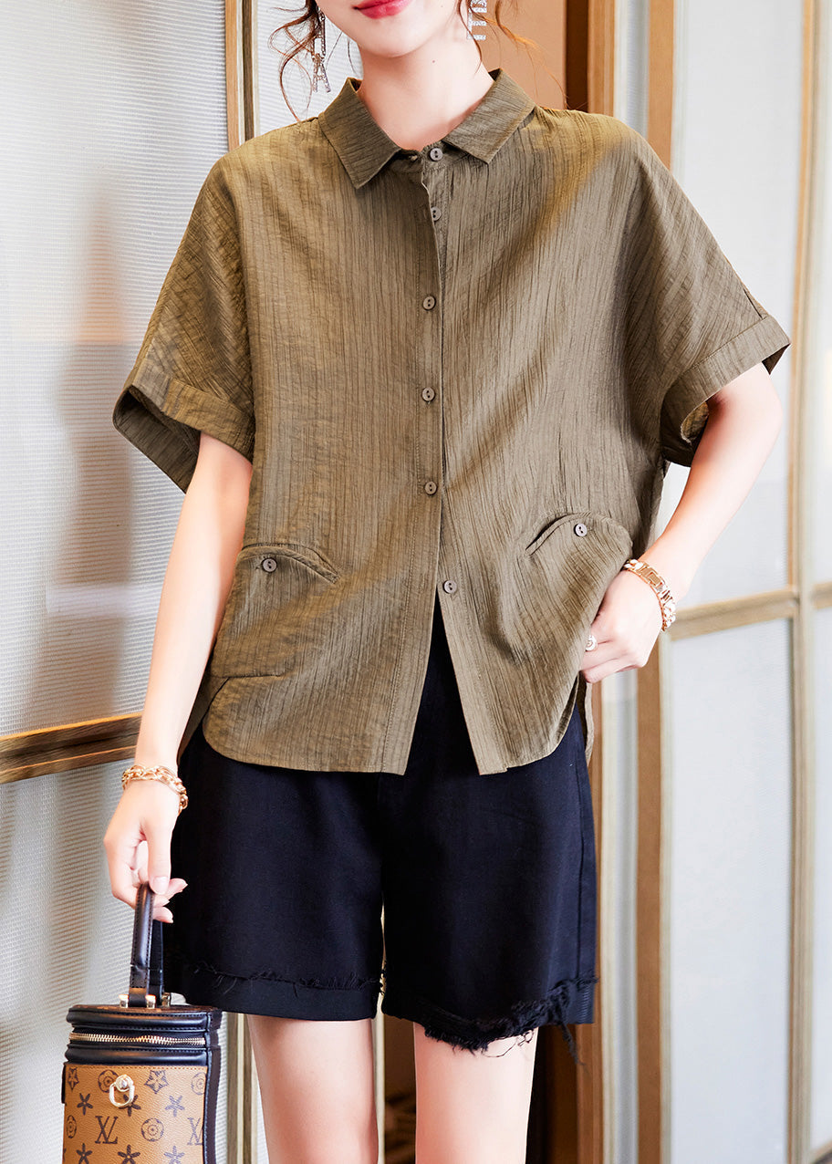 Handmade Coffee Peter Pan Collar Patchwork Cozy Silk Shirts Short Sleeve LY6211 - fabuloryshop