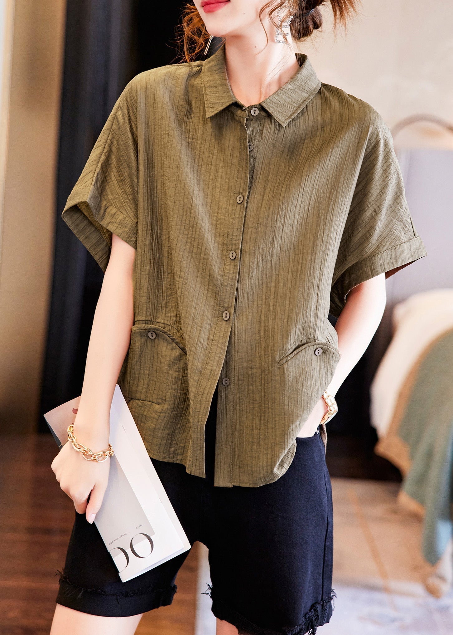 Handmade Coffee Peter Pan Collar Patchwork Cozy Silk Shirts Short Sleeve LY6211 - fabuloryshop