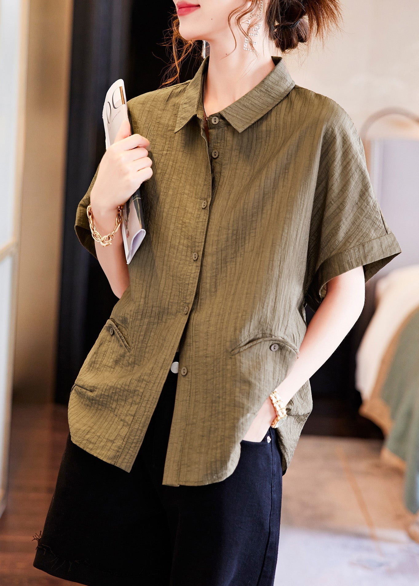 Handmade Coffee Peter Pan Collar Patchwork Cozy Silk Shirts Short Sleeve LY6211 - fabuloryshop