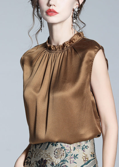 Handmade Coffee Stand Collar Solid Silk Tops Summer LY0964 - fabuloryshop