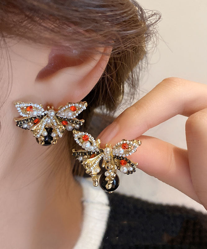 Handmade Copper Zircon Pearl Butterfly Stud Earrings Ada Fashion