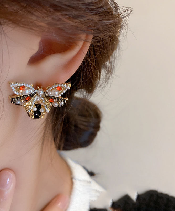 Handmade Copper Zircon Pearl Butterfly Stud Earrings Ada Fashion