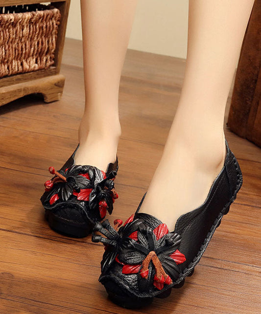 Handmade Cowhide Leather Flat Shoes For Women Floral Splicing Flat Feet Shoes LY0181 - fabuloryshop
