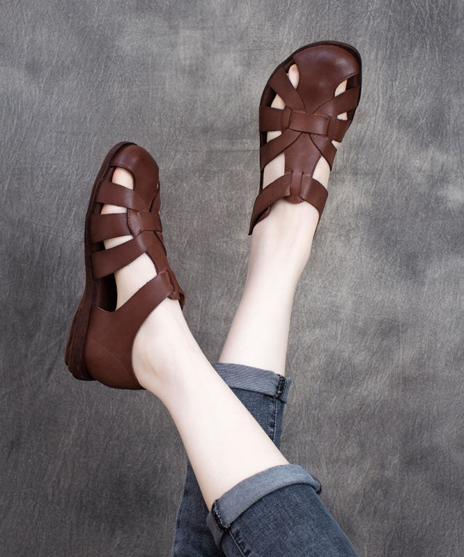 Handmade Cowhide Leather Splicing Coffee Walking Sandals Ada Fashion