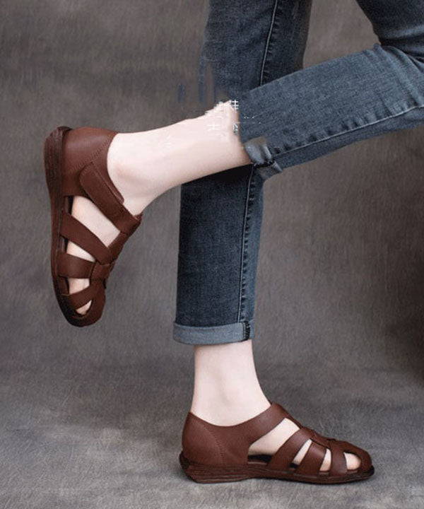 Handmade Cowhide Leather Splicing Coffee Walking Sandals Ada Fashion