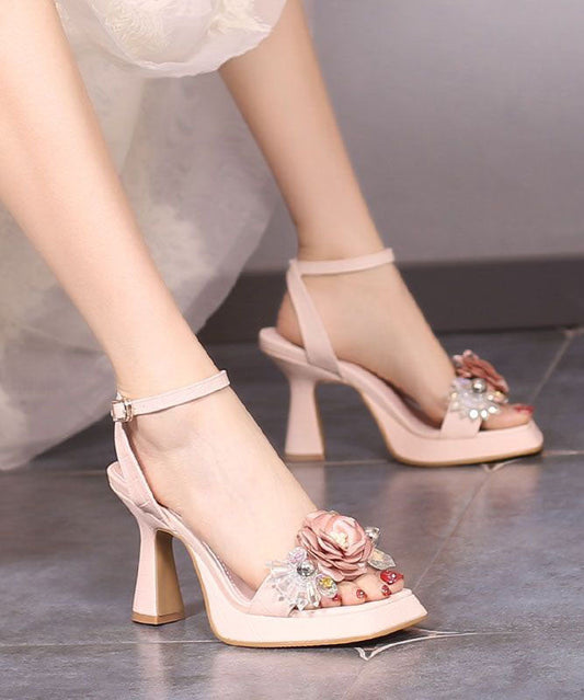 Handmade Floral Zircon Splicing Chunky Heel Sandals Pink Faux Leather LY1766 - fabuloryshop