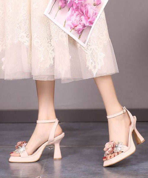 Handmade Floral Zircon Splicing Chunky Heel Sandals Pink Faux Leather LY1766 - fabuloryshop