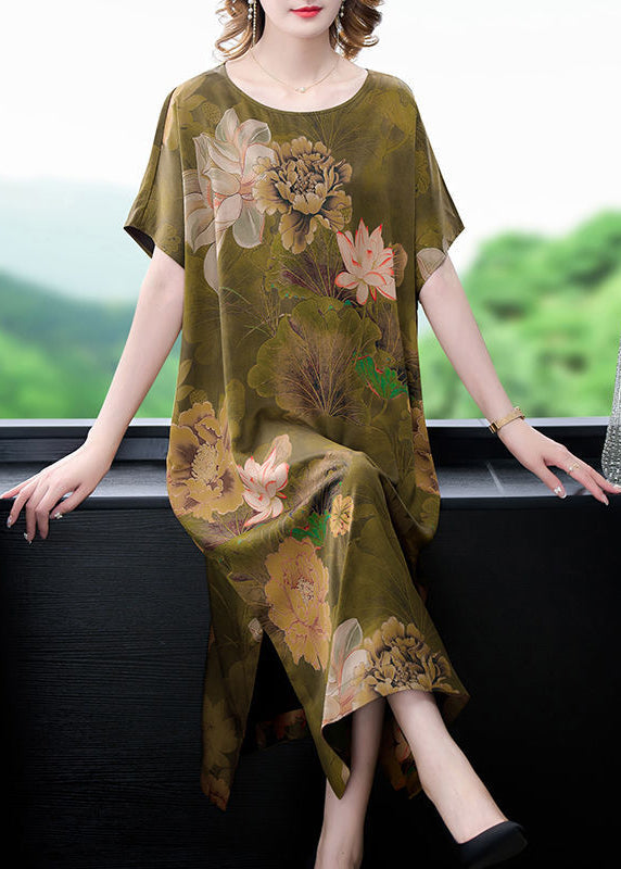 Handmade Grass Green Oversized Print Side Open Silk Dresses Summer LY3732 - fabuloryshop