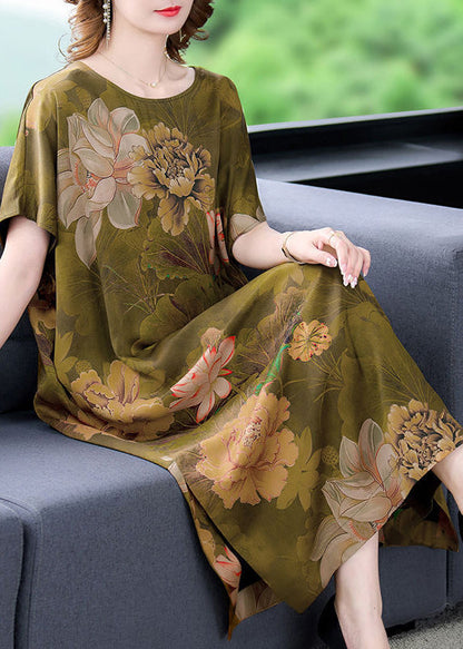 Handmade Grass Green Oversized Print Side Open Silk Dresses Summer LY3732 - fabuloryshop