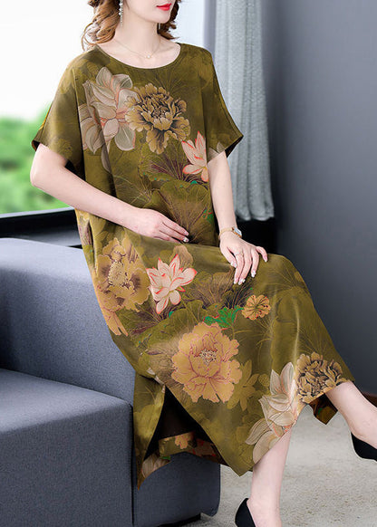 Handmade Grass Green Oversized Print Side Open Silk Dresses Summer LY3732 - fabuloryshop