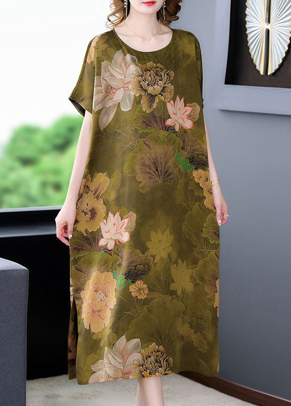 Handmade Grass Green Oversized Print Side Open Silk Dresses Summer LY3732 - fabuloryshop