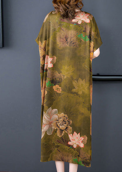 Handmade Grass Green Oversized Print Side Open Silk Dresses Summer LY3732 - fabuloryshop