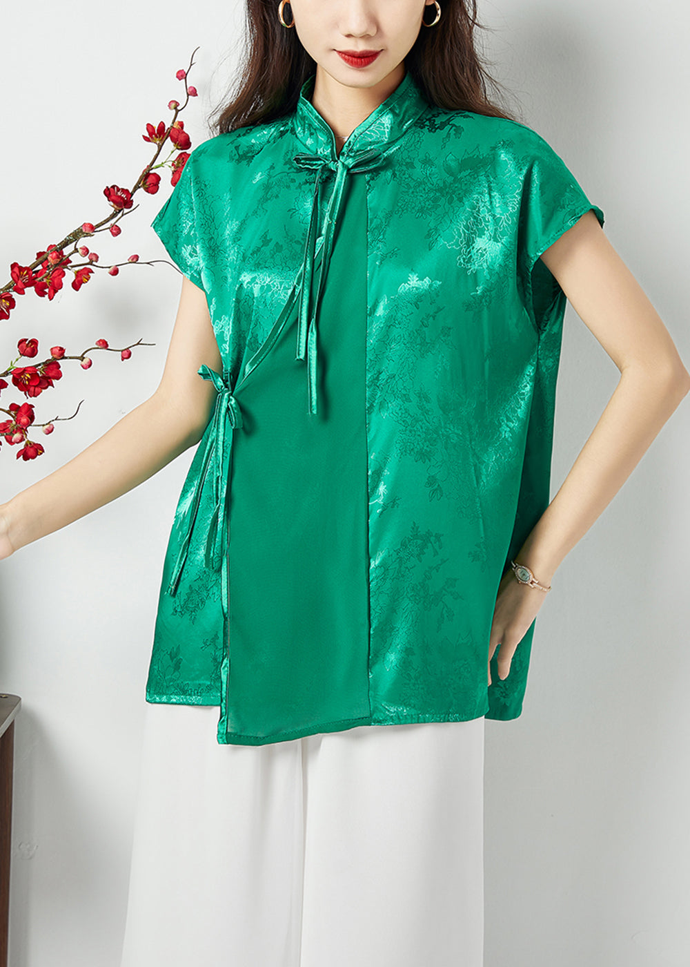 Handmade Green Asymmetrical Patchwork Jacquard Silk Oriental Tops Summer LY1128 - fabuloryshop