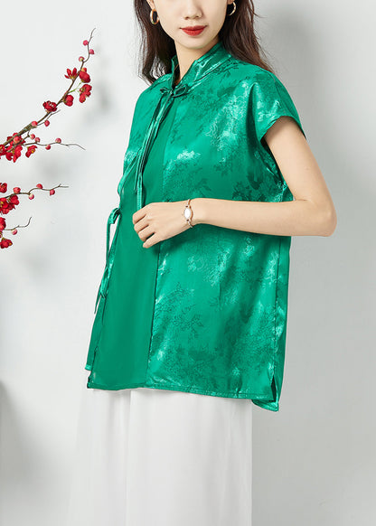 Handmade Green Asymmetrical Patchwork Jacquard Silk Oriental Tops Summer LC0398 - fabuloryshop