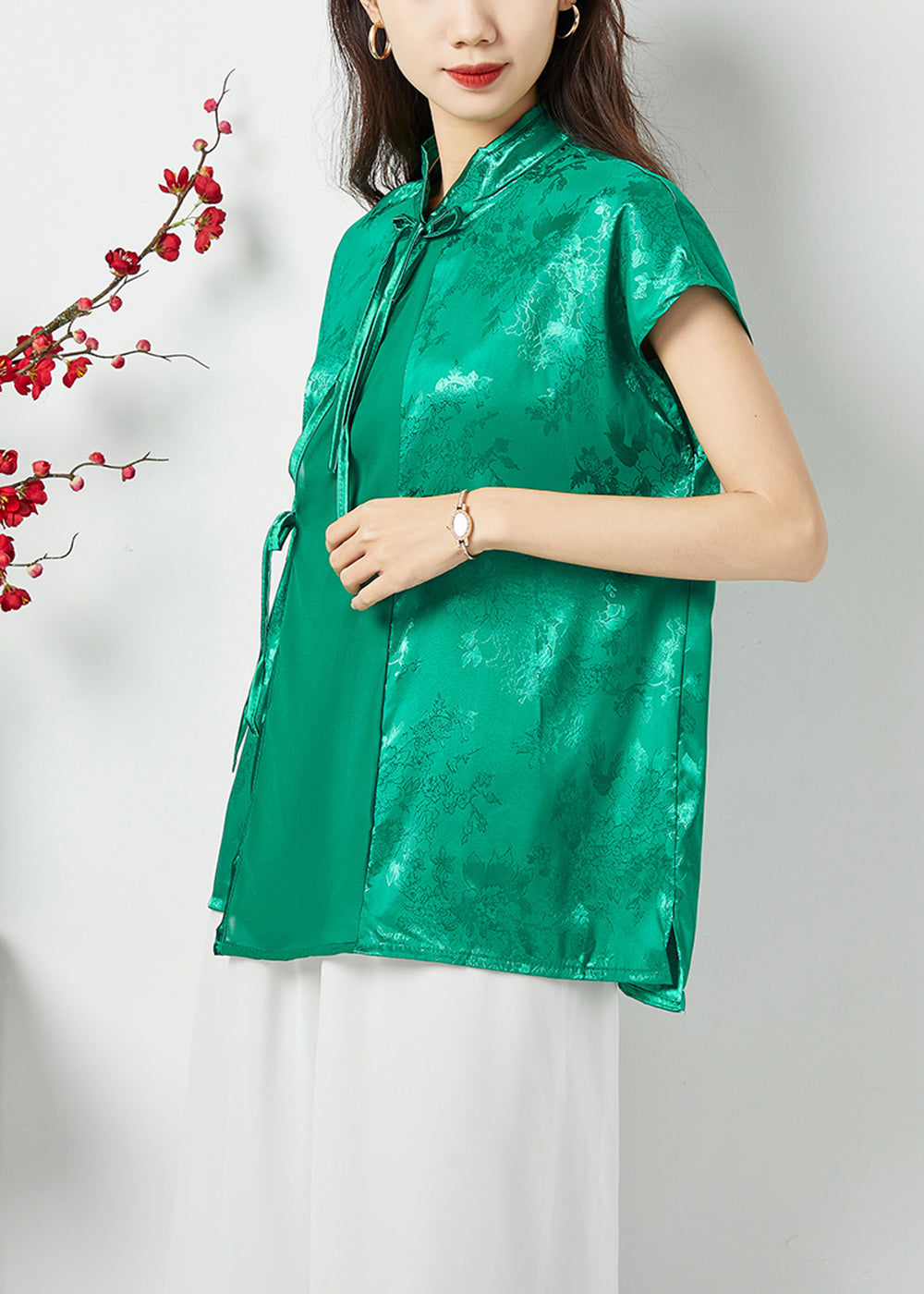 Handmade Green Asymmetrical Patchwork Jacquard Silk Oriental Tops Summer LY1128 - fabuloryshop