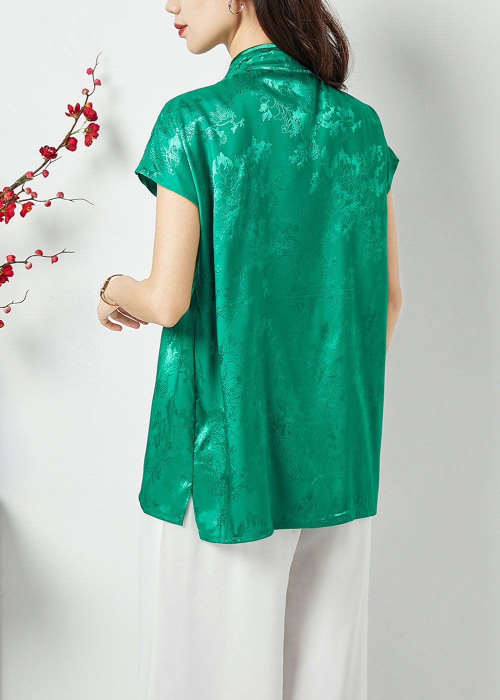 Handmade Green Asymmetrical Patchwork Jacquard Silk Oriental Tops Summer LC0398 - fabuloryshop