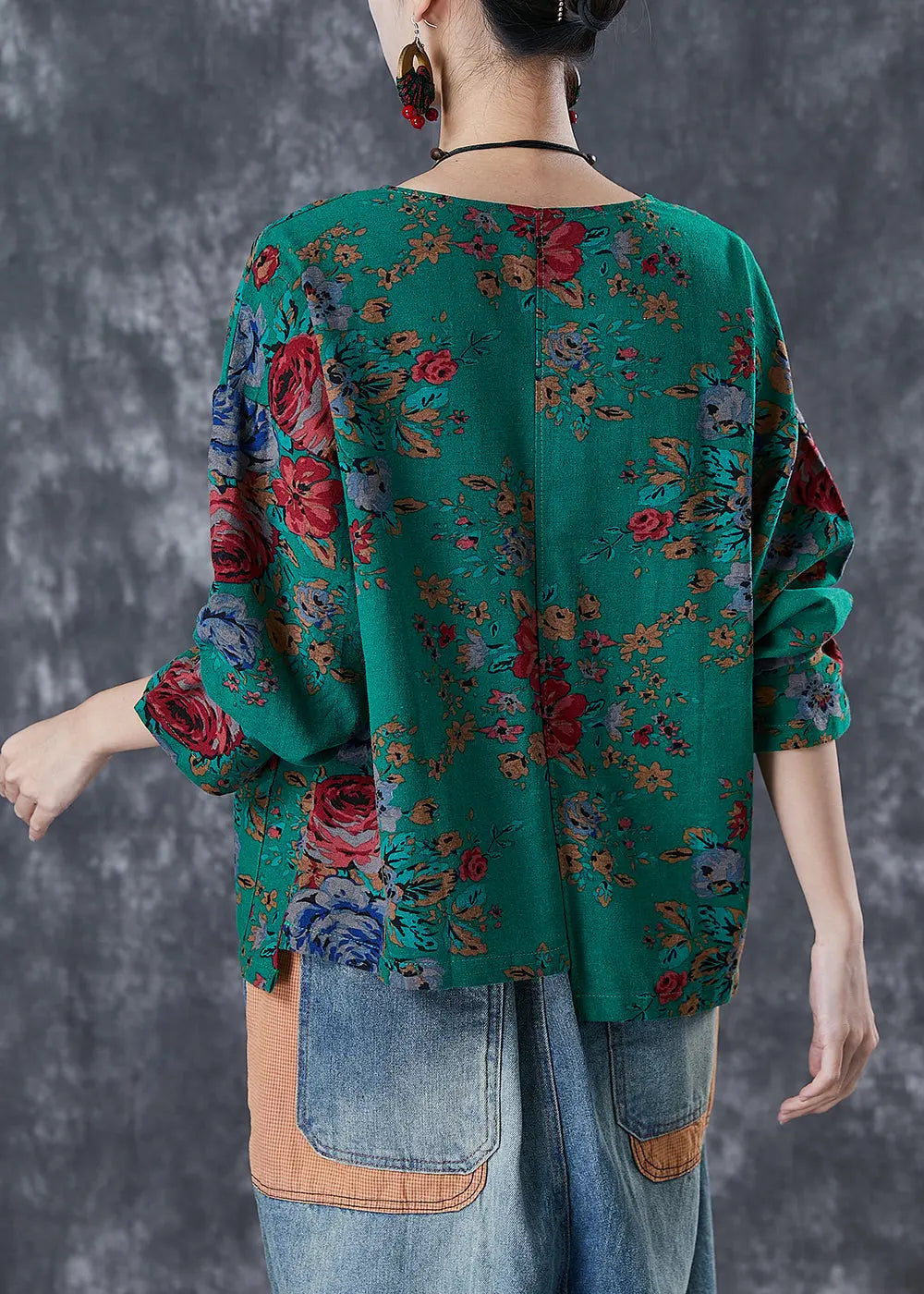 Handmade Green Asymmetrical Print Linen Shirt Tops Fall Ada Fashion