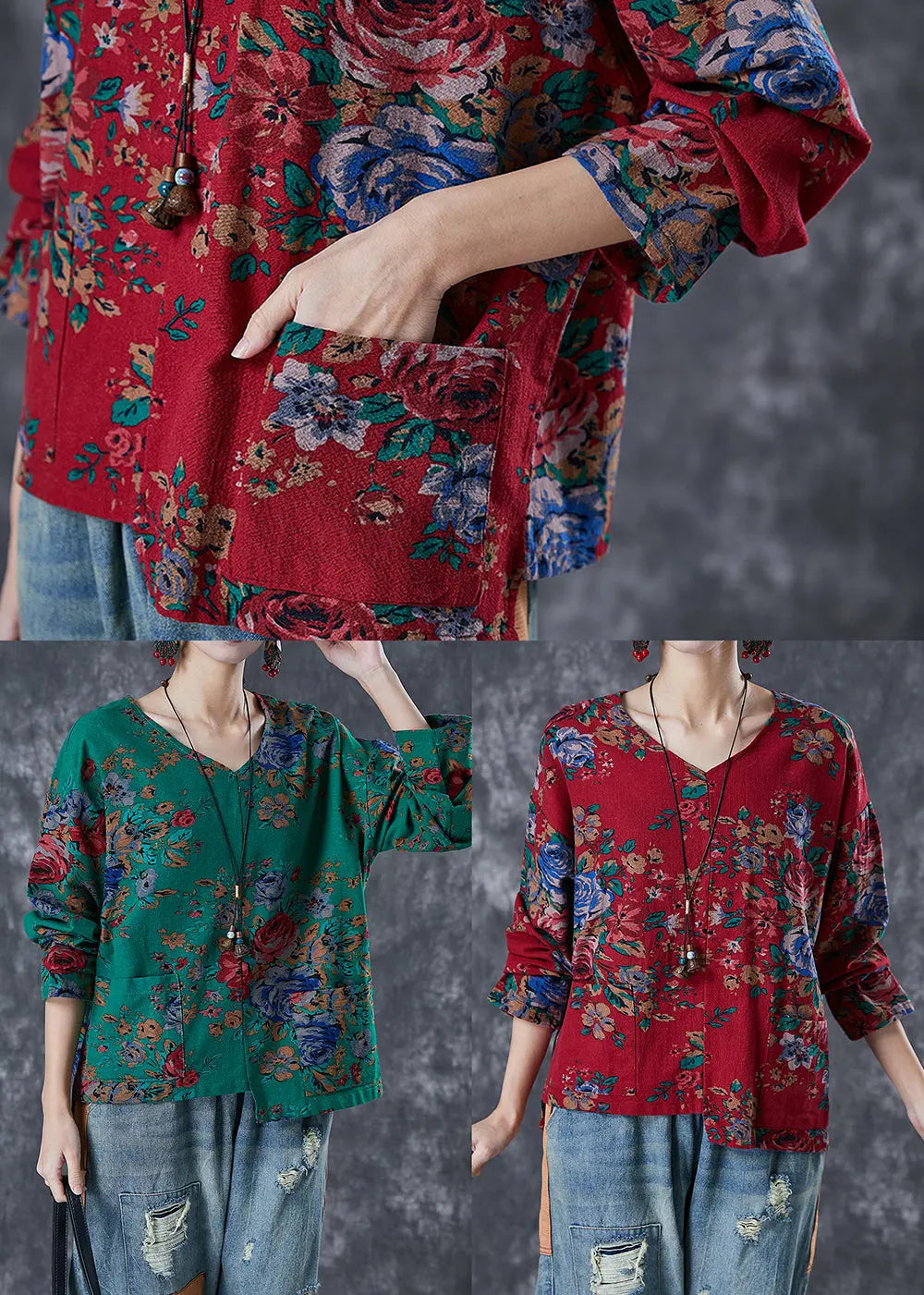 Handmade Green Asymmetrical Print Linen Shirt Tops Fall Ada Fashion