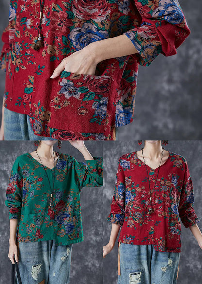 Handmade Green Asymmetrical Print Linen Shirt Tops Fall Ada Fashion