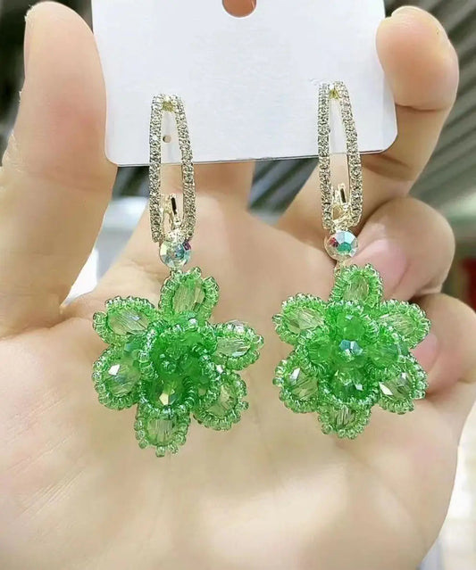 Handmade Green Copper Overgild Crystal Floral Drop Earrings Ada Fashion