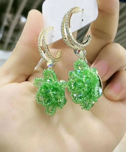 Handmade Green Copper Overgild Crystal Floral Drop Earrings Ada Fashion