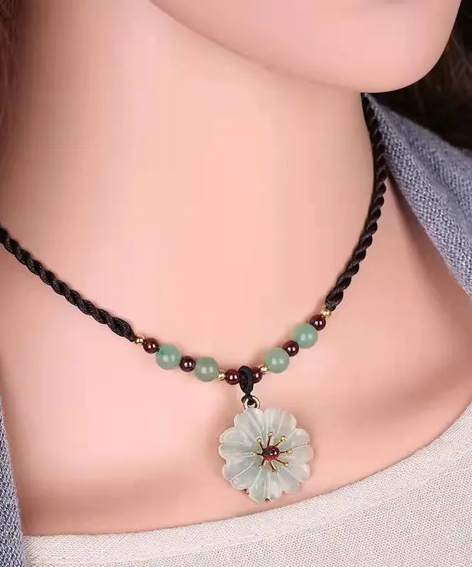 Handmade Green Crystal Jade Floral Pendant Necklace Ada Fashion