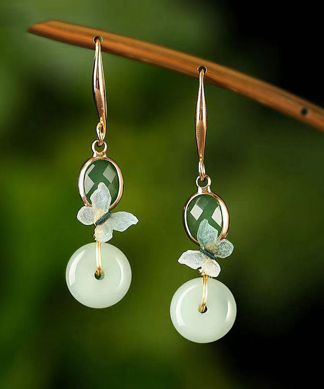 Handmade Green Jade Butterfly Patchwork Silver Drop Earrings Ada Fashion