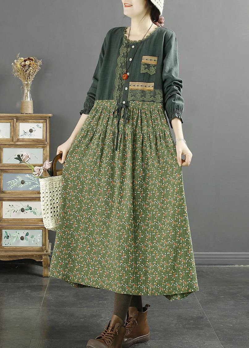 Handmade Green O Neck Lace Print Patchwork Cotton Dresses Spring LY2553 - fabuloryshop