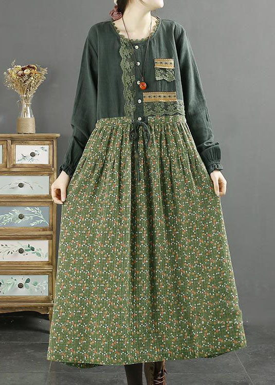 Handmade Green O Neck Lace Print Patchwork Cotton Dresses Spring LY2553 - fabuloryshop