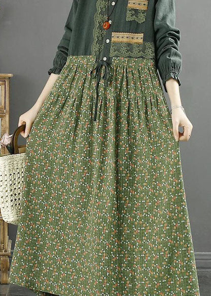 Handmade Green O Neck Lace Print Patchwork Cotton Dresses Spring LY2553 - fabuloryshop