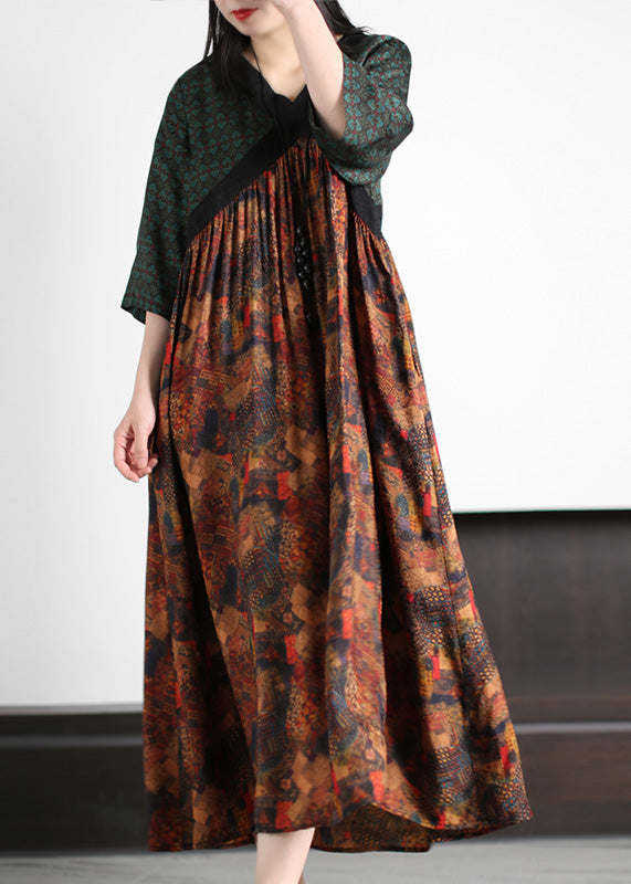 Handmade Green O-Neck Patchwork Print Silk Long Dresses Summer LY5131 - fabuloryshop