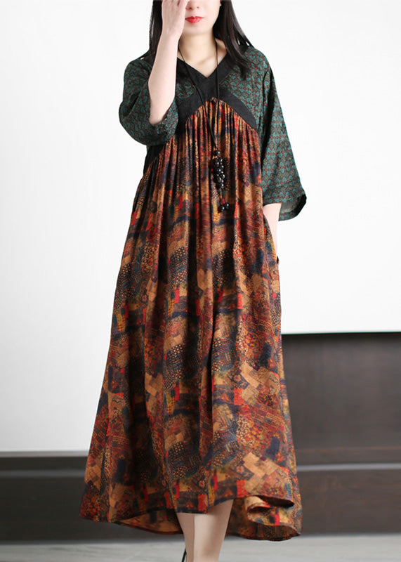 Handmade Green O-Neck Patchwork Print Silk Long Dresses Summer LY5131 - fabuloryshop