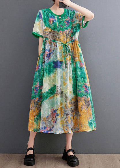 Handmade Green O-Neck Print Patchwork Drawstring Maxi Dress Short Sleeve LY2985 - fabuloryshop