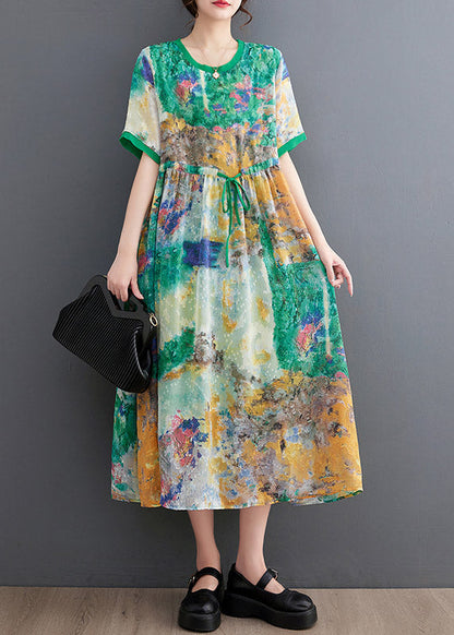 Handmade Green O-Neck Print Patchwork Drawstring Maxi Dress Short Sleeve LY2985 - fabuloryshop