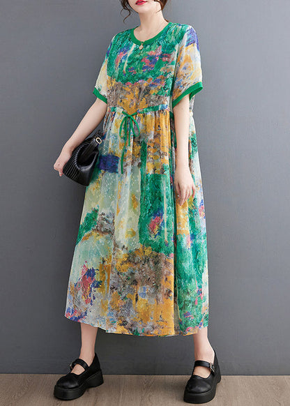 Handmade Green O-Neck Print Patchwork Drawstring Maxi Dress Short Sleeve LY2985 - fabuloryshop