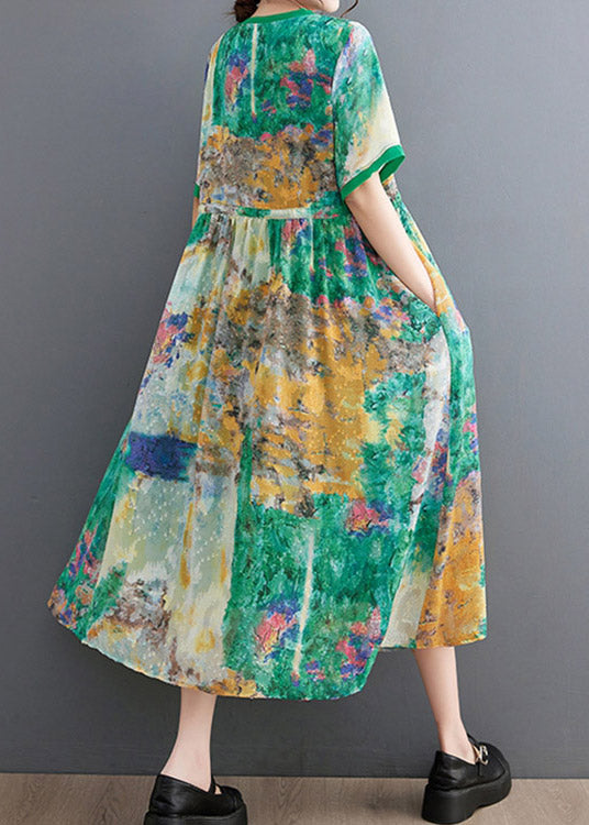 Handmade Green O-Neck Print Patchwork Drawstring Maxi Dress Short Sleeve LY2985 - fabuloryshop