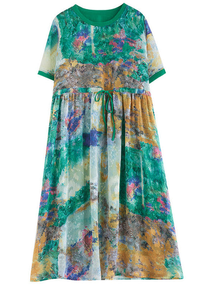 Handmade Green O-Neck Print Patchwork Drawstring Maxi Dress Short Sleeve LY2985 - fabuloryshop