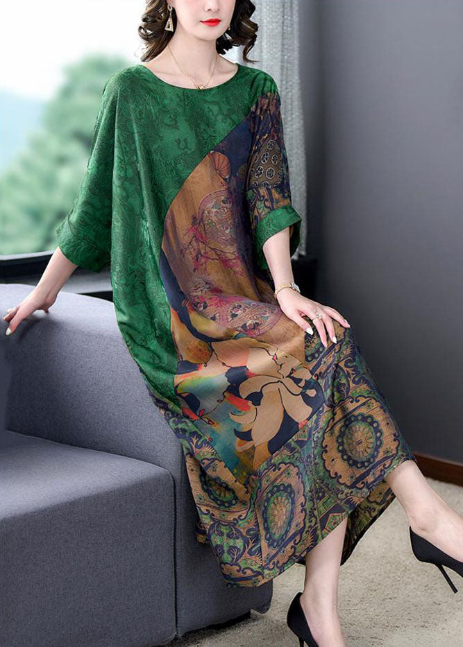 Handmade Green O Neck Print Patchwork Silk Long Dress Summer LY5960 Ada Fashion