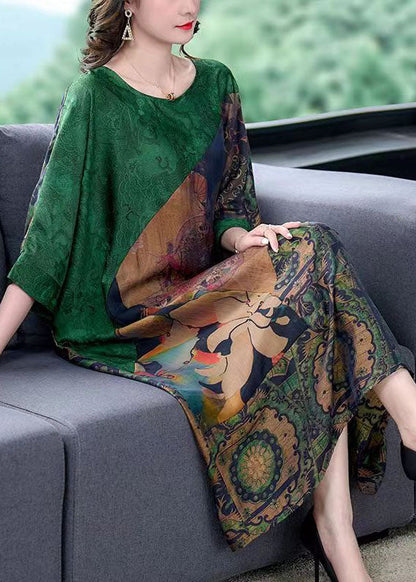 Handmade Green O Neck Print Patchwork Silk Long Dress Summer LY5960 Ada Fashion