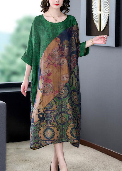 Handmade Green O Neck Print Patchwork Silk Long Dress Summer LY5960 Ada Fashion