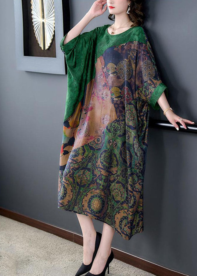 Handmade Green O Neck Print Patchwork Silk Long Dress Summer LY5960 Ada Fashion