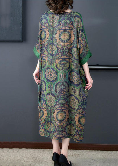 Handmade Green O Neck Print Patchwork Silk Long Dress Summer LY5960 Ada Fashion