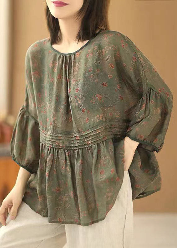 Handmade Green O Neck Print Wrinkled Patchwork Cotton Top Summer LY5302 - fabuloryshop