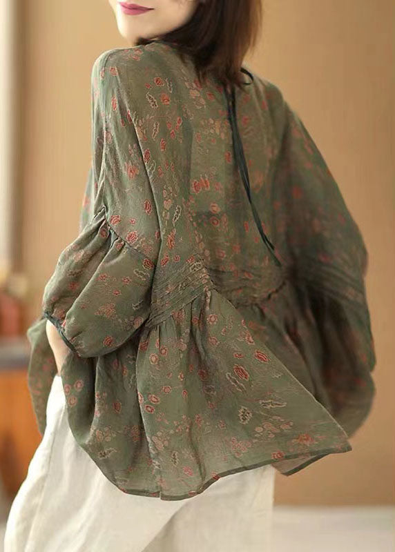 Handmade Green O Neck Print Wrinkled Patchwork Cotton Top Summer LY5302 - fabuloryshop