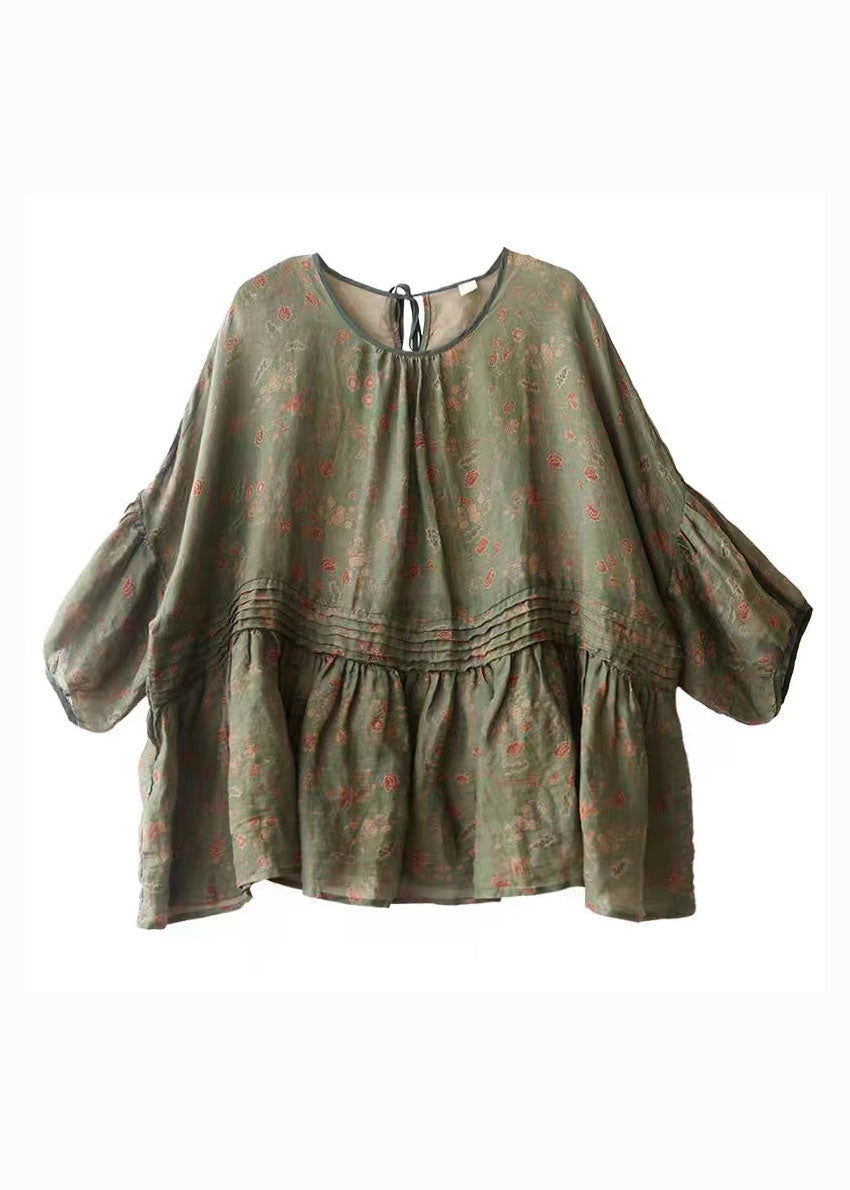 Handmade Green O Neck Print Wrinkled Patchwork Cotton Top Summer LY5302 - fabuloryshop